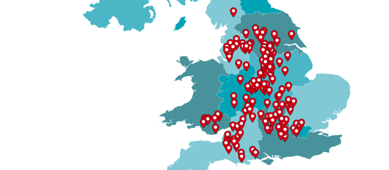 Map of UK with pins locating all practices